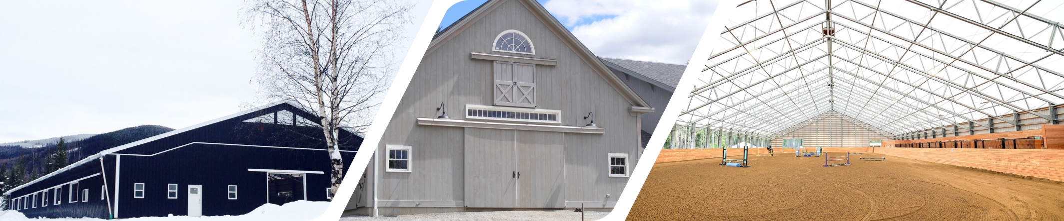 A steel frame riding arena in winter.